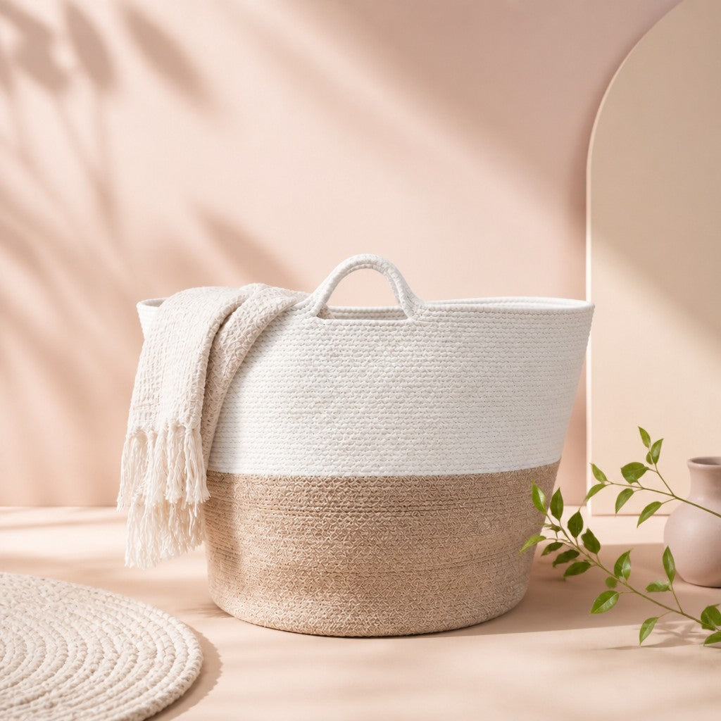 Cotton Rope Laundry / Storage Big Basket 45x40cm - Beige | Four Candle