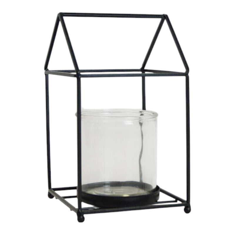 Black house shape lantern with glass insert