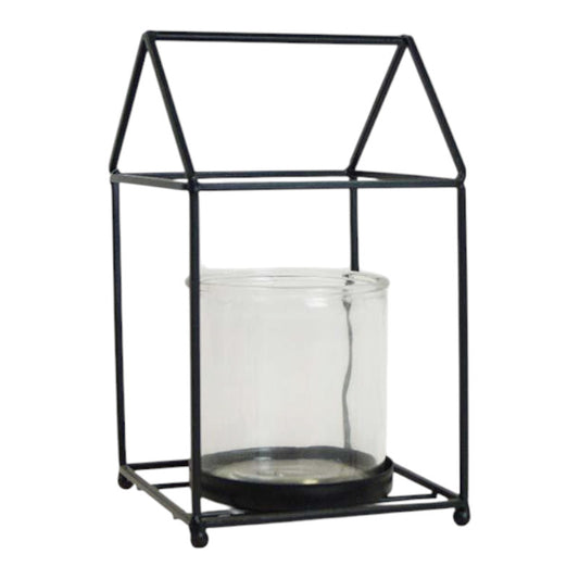 Black house shape lantern with glass insert