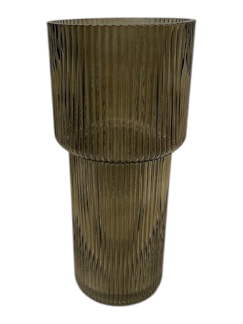 Olive Green Tall Glass Ribbed Vase