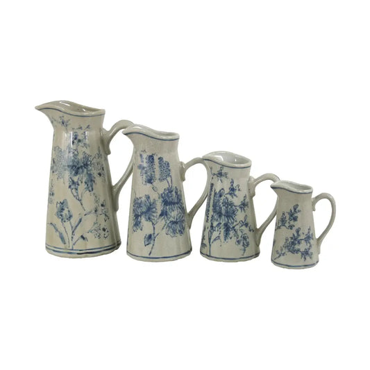 Set of 4 Ceramic Jugs, Vintage Blue & White Magnolia Design