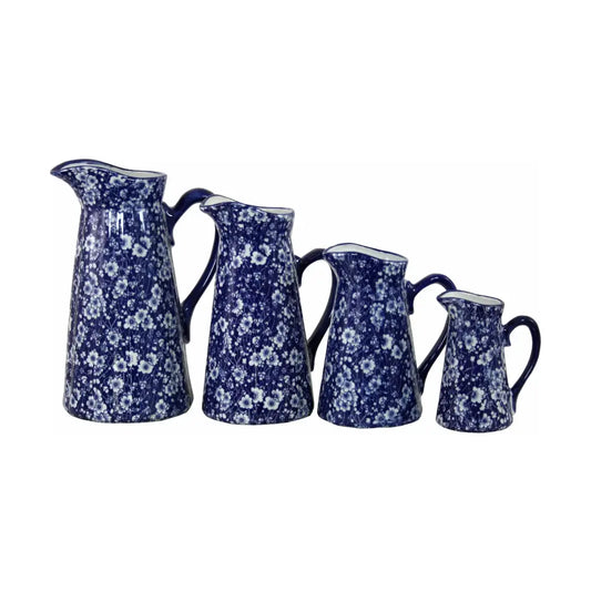 Set of 4 Ceramic Jugs, Vintage Blue & White Daisies Design