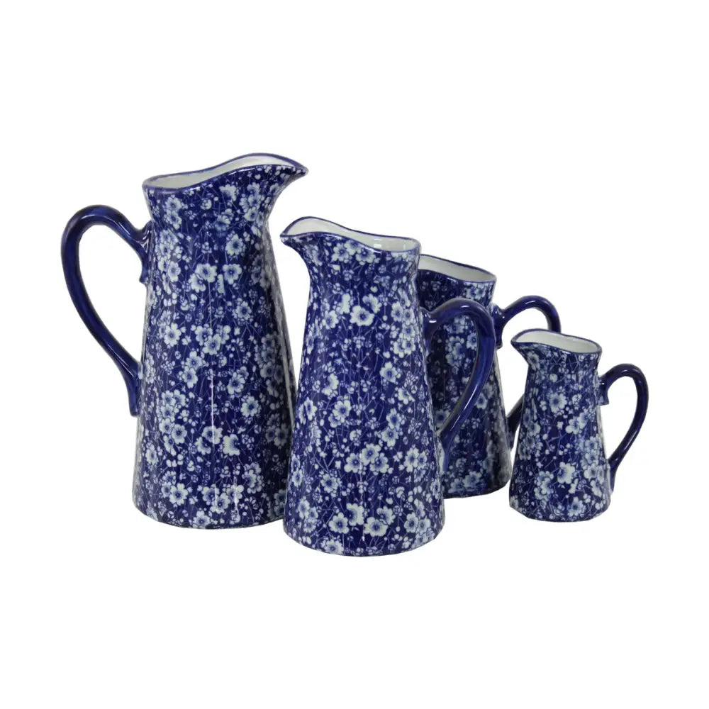 Set of 4 Ceramic Jugs, Vintage Blue & White Daisies Design