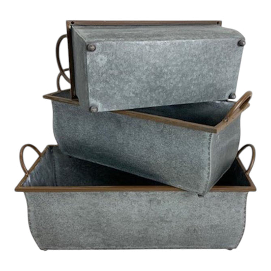 Set of 3 Large Rectangular Metal Trough Planter