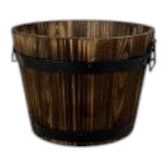 Burntwood Wooden Barrel with metal handles and drainage hole