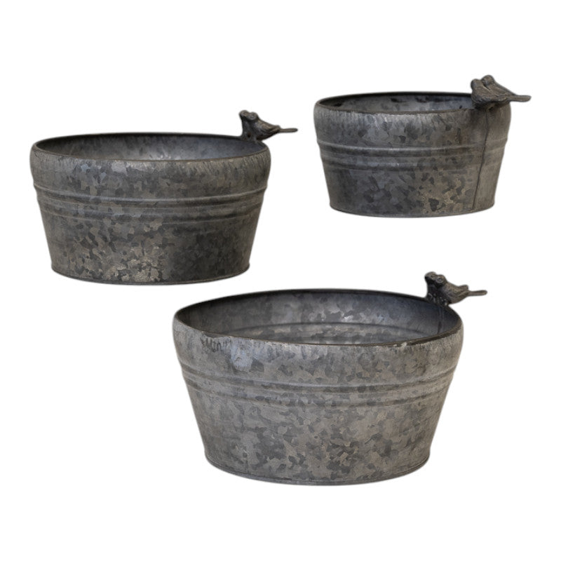 Set of Three Dark Round Planters with Bird