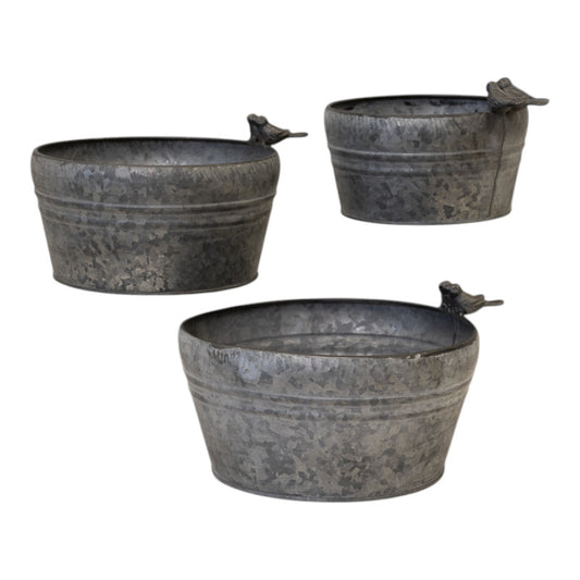 Set of Three Dark Round Planters with Bird