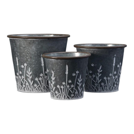 Set of Three Rustic metal planters with Meadow design