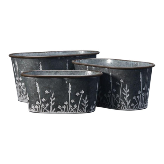 Set of Three Meadow Oval Zinc Planters