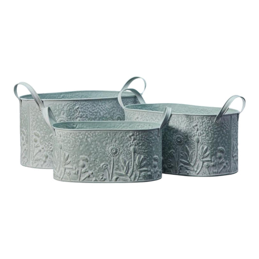 Sage Oval Zinc Planters with Floral Design Set of 3