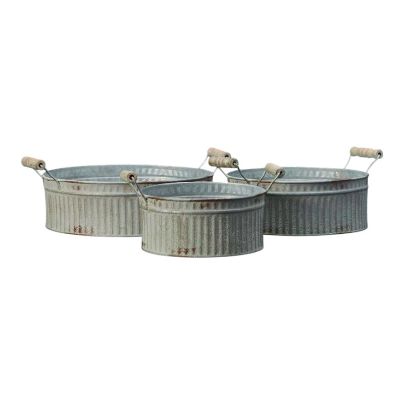 Set of Three Vintage White Ribbed Zinc Planter Bowls