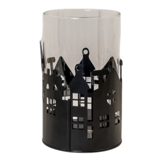 Large Black Metal House Scene Candle Holder with Glass Insert