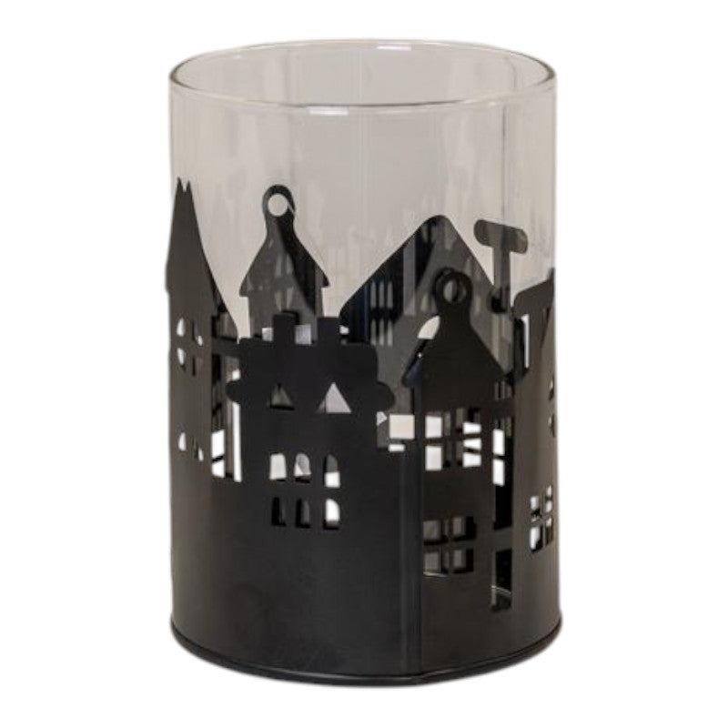 Medium Black Metal House Scene Candle Holder with Glass Insert