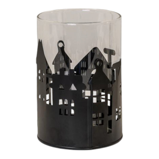 Medium Black Metal House Scene Candle Holder with Glass Insert