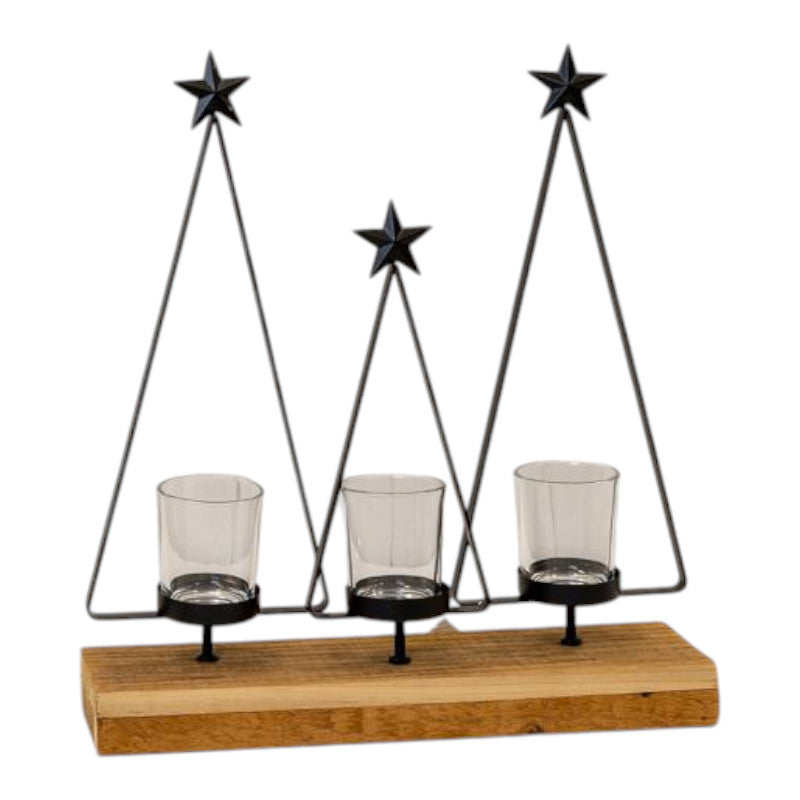 Black Metal Triple Tree Tealight Holder on Wooden Base