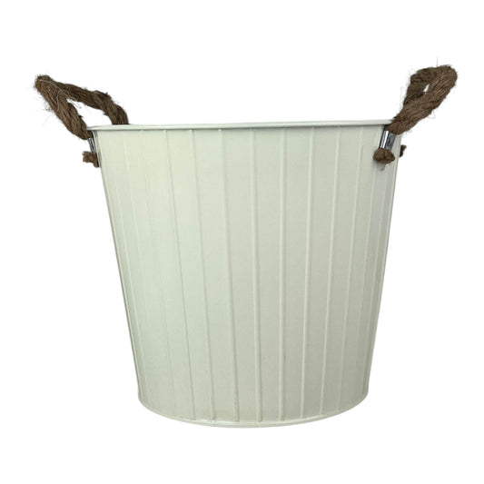 23cm Cream Round Tapered Zinc Planter with Rope Ears with Drainage Hole
