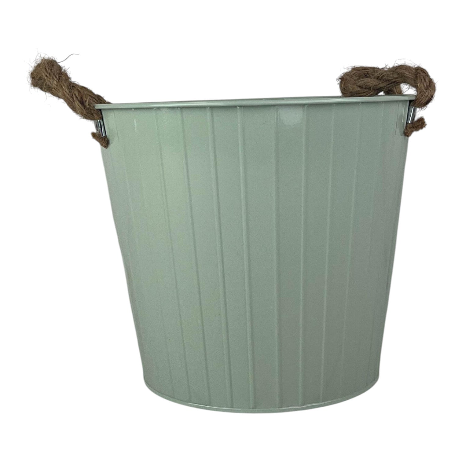 Sage Green Round Tapered Zinc Planter with Rope Ears and Drainage Hole