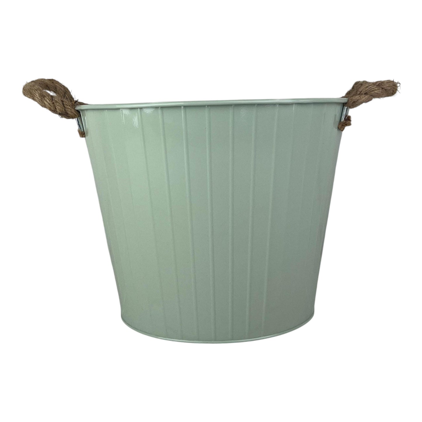 28cm Sage Green Round Tapered Zinc Planter with Rope Ears and Drainage Hole