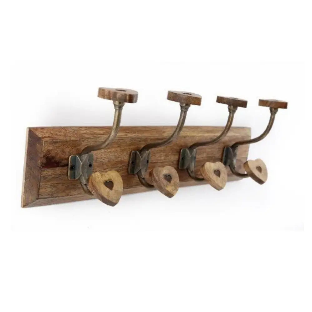 Mango Wood Heart 4 Double Coat Hooks