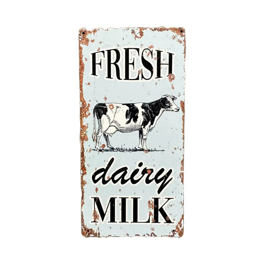 Metal Vintage Wall Sign - Fresh Dairy Milk Cow Farm