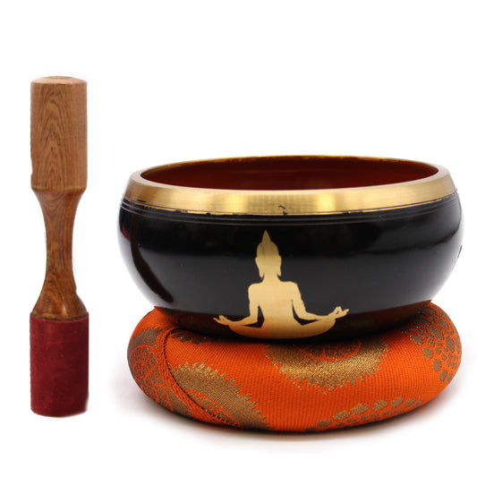 Large Buddha Singing Bowl Set Black Orange 14cm