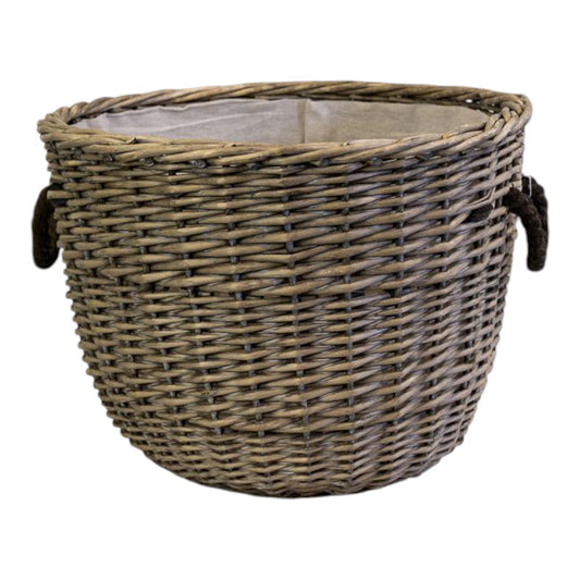 Willow Log Basket with Hessian Liner and Rope Handles TD48cm H36cm