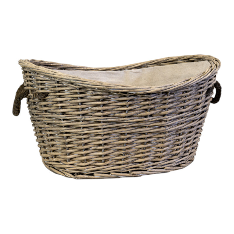Willow Oval Scooped Topped Log Basket with Hessian Liner and Rope Handles