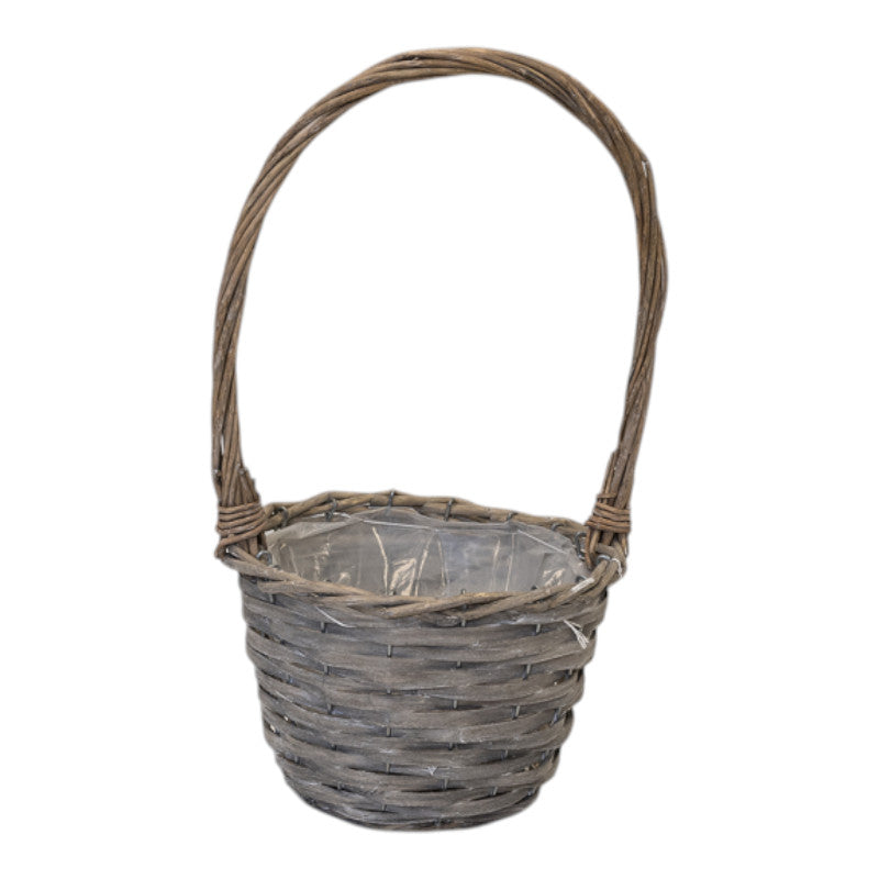 24cm Round Greywashed Willow Basket with overhandle