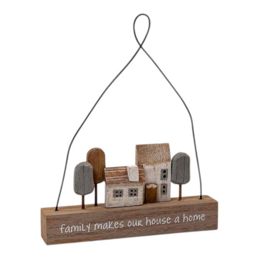 Wooden Hanging 'Family Makes Our House a Home' White House and Neutral Tree Sign L18xW3xH22cm