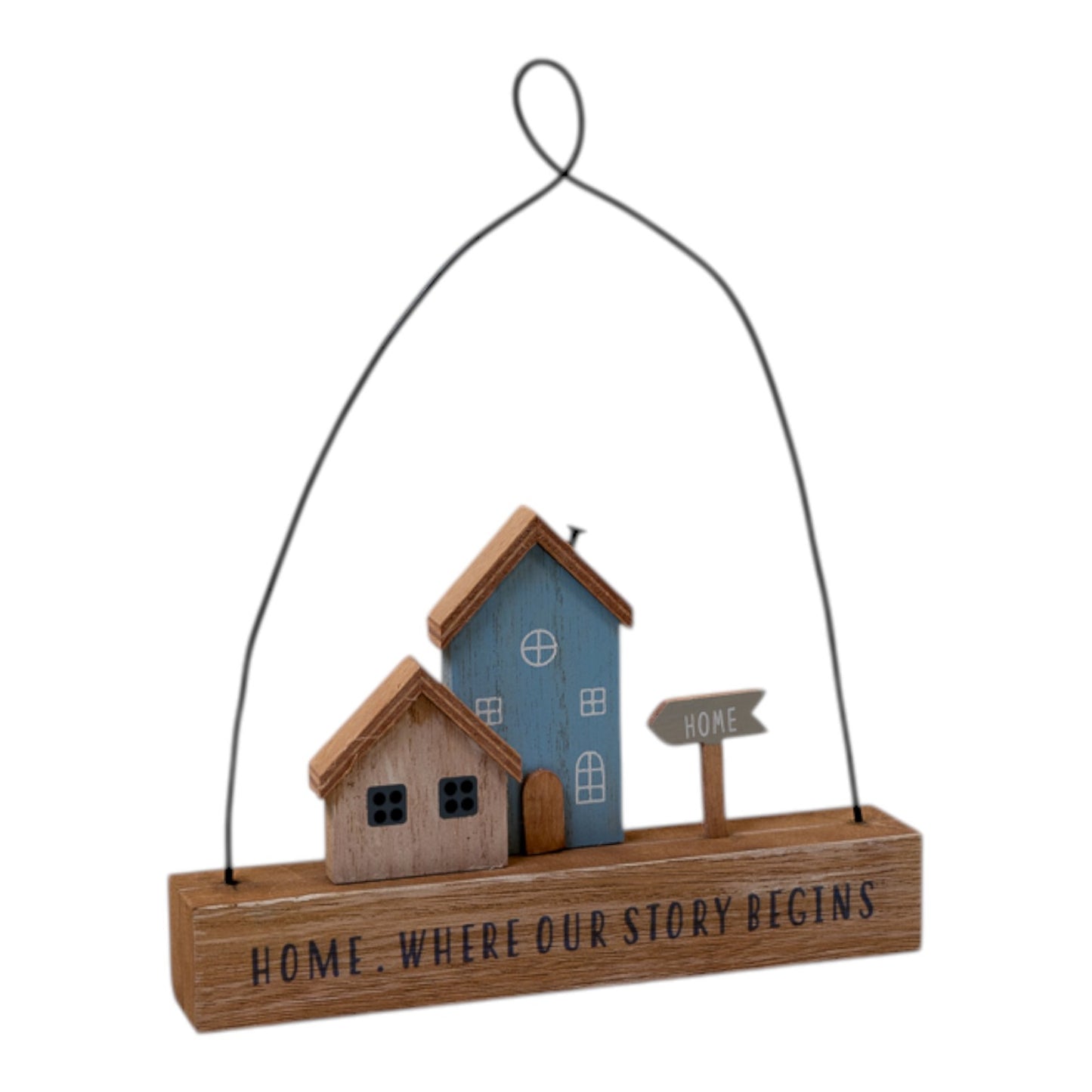 Wooden Hanging Blue and Neutral Double House 'Home  Where Our Story Begins' SignL18xW3xH22cm Weight
