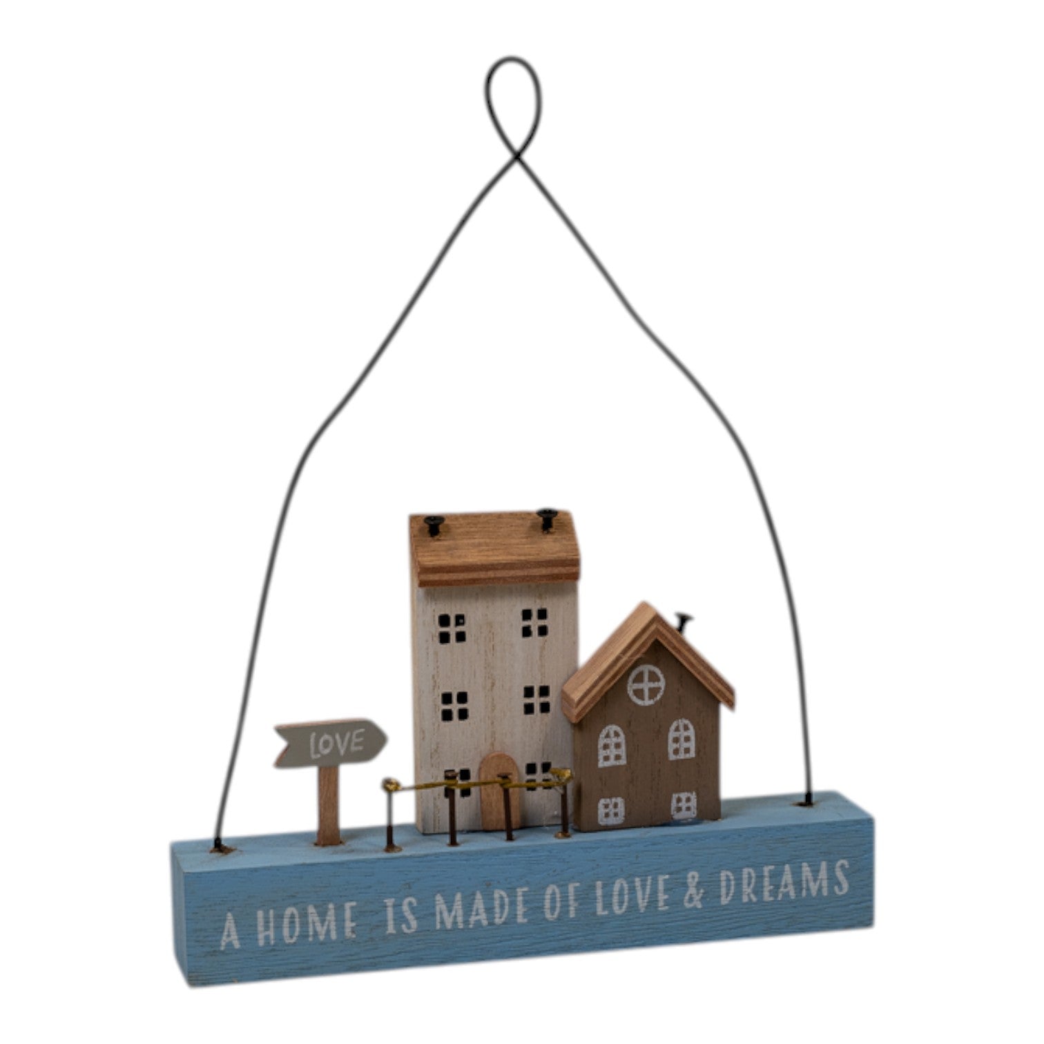 Wooden Hanging Blue Double House 'A Home is Made of Love & Dreams' Sign with neutral Houses and Arr