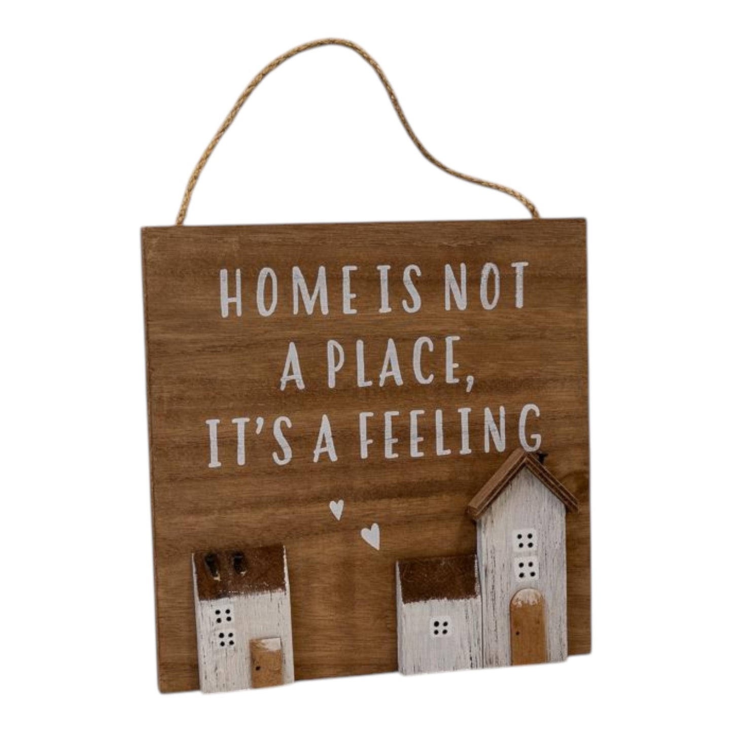 Wooden Home Sign 'Home is Not a Place it's a Feeling' with hearts and stand out Houses  L20xW1.9xH1