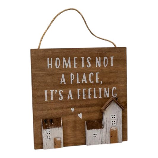 Wooden Home Sign 'Home is Not a Place it's a Feeling' with hearts and stand out Houses  L20xW1.9xH1