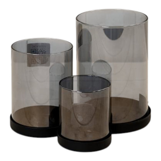 Set of Three Black Glass Candle Holders with Metal Base