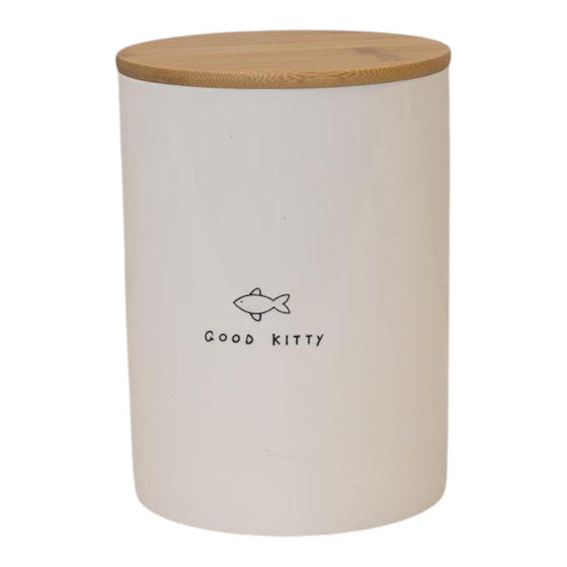 Good Kitty' Ceramic Treat Jar with Bamboo lid.