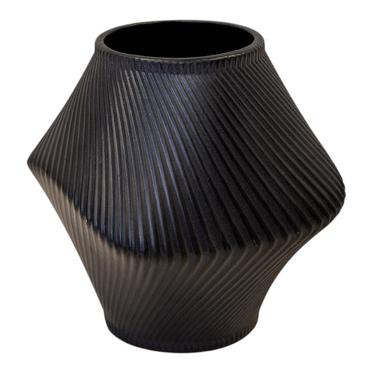 Short Graphite Sculptural Ribbed Vase.