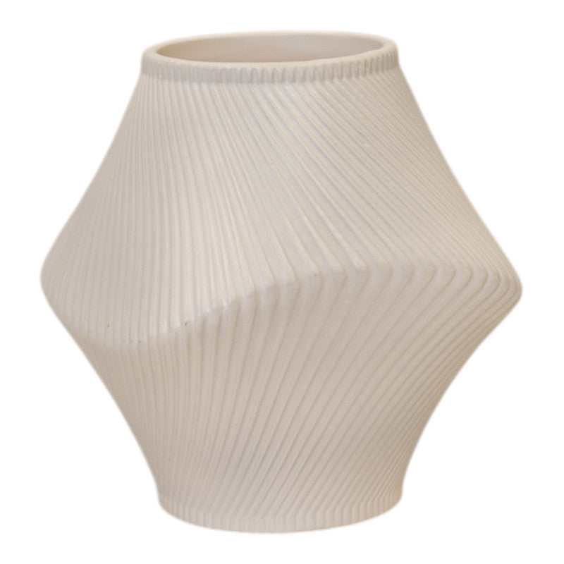 Short Beige Sculptural Ribbed Vase