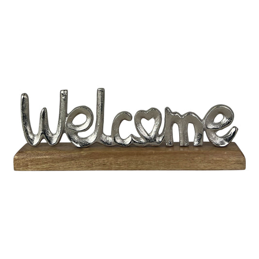 Metal Welcome on Wooden Base