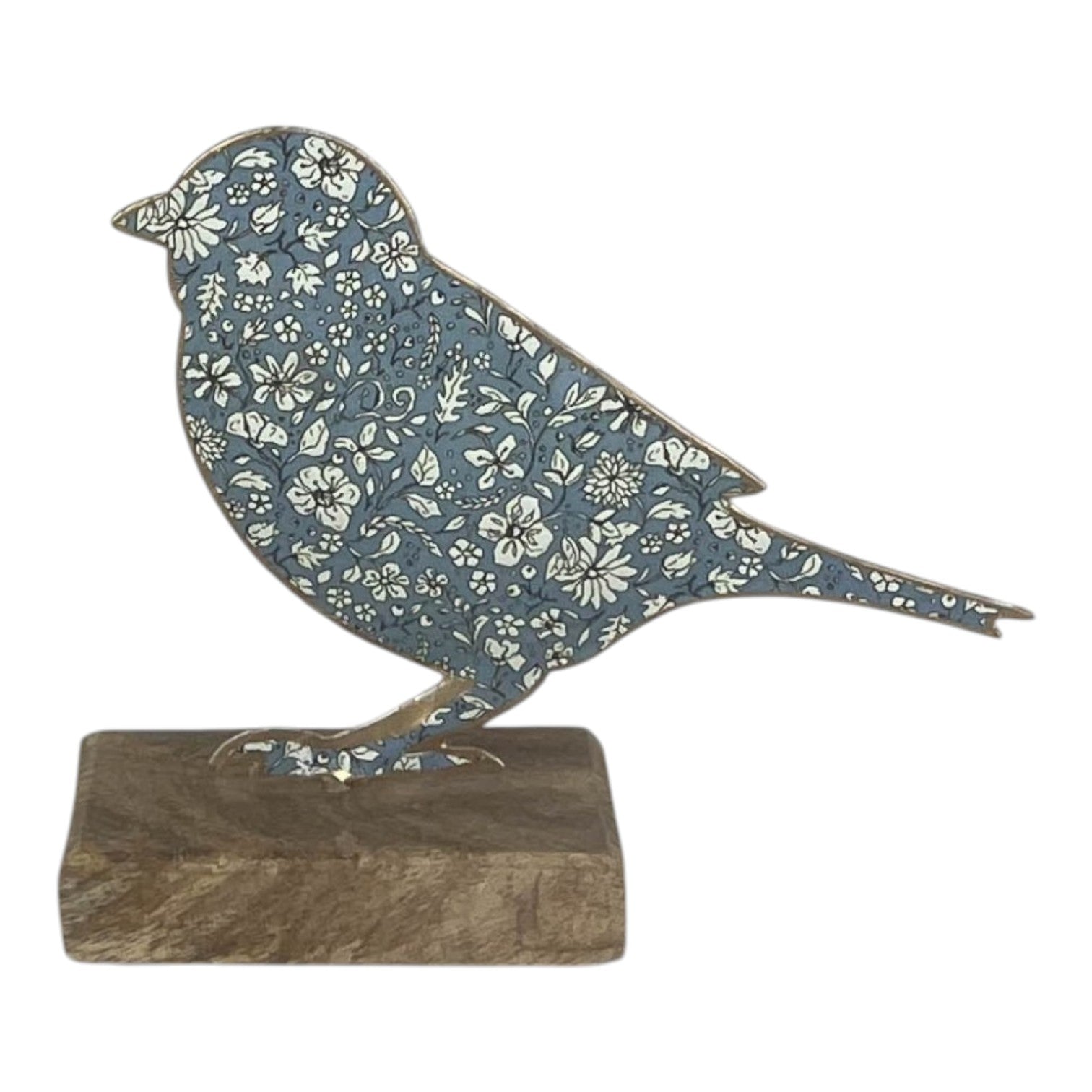 Blue Metal Bird on Wooden Base 15cm