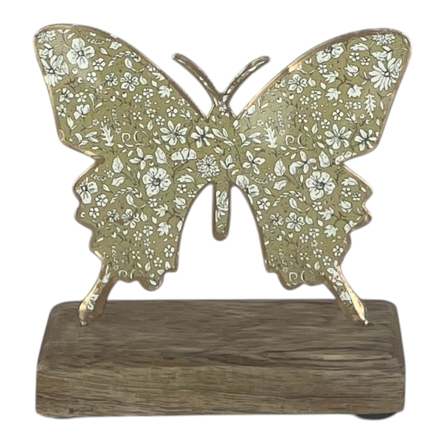 Light Green Metal Butterfly on Wooden Base 12x14x5cm
