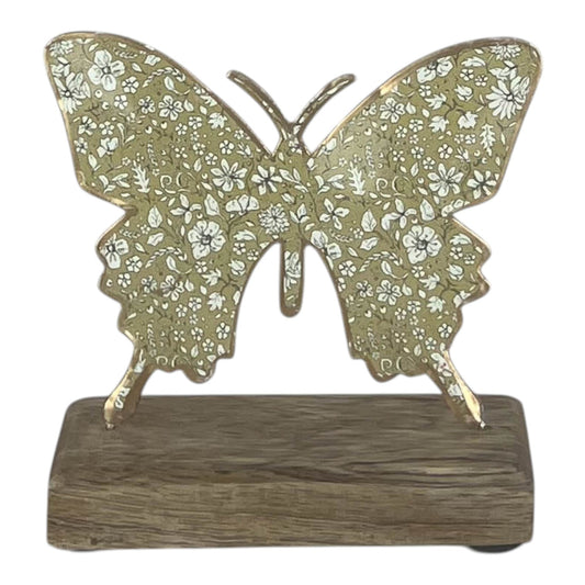 Light Green Metal Butterfly on Wooden Base 12x14x5cm