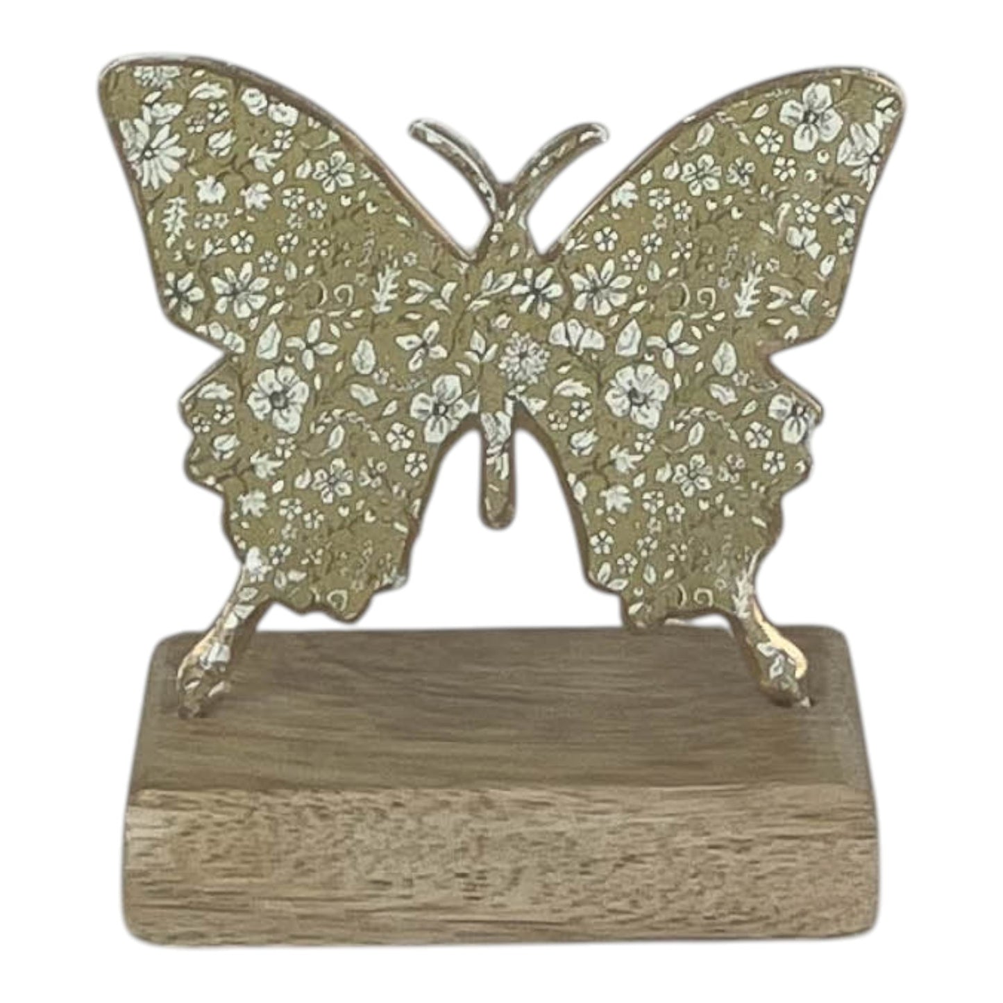 Light Green Metal Butterfly on Wooden Base 10x12x5cm