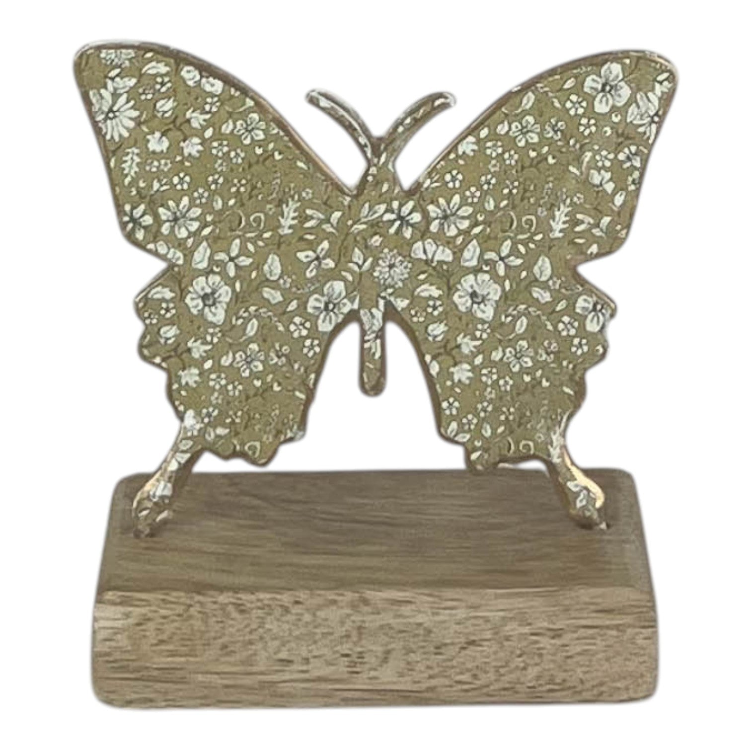 Light Green Metal Butterfly on Wooden Base 10x12x5cm