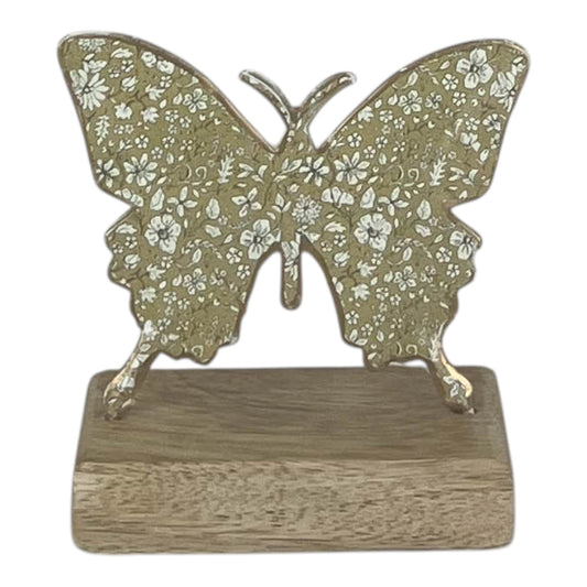 Light Green Metal Butterfly on Wooden Base 10x12x5cm