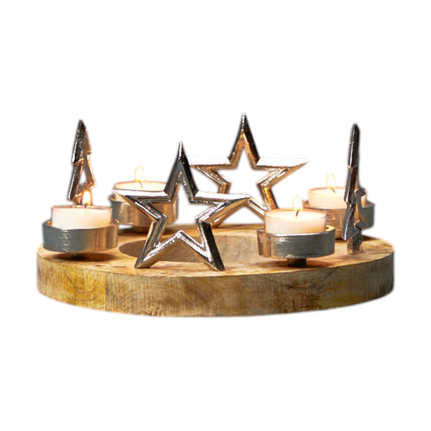 Silver Ring with Stars & Trees with 4 T-Lights on Wooden Base