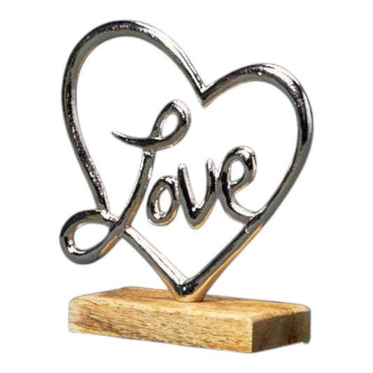 Silver Heart with Love on Wooden Base 16x5x16cm