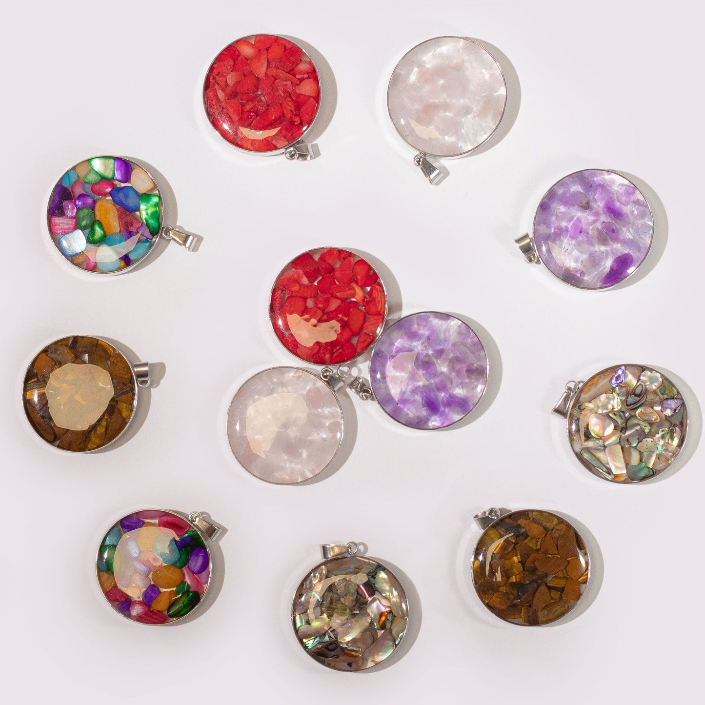 Steel Cased Pendant Round - 12 Assorted Gemstone Chips & Shells