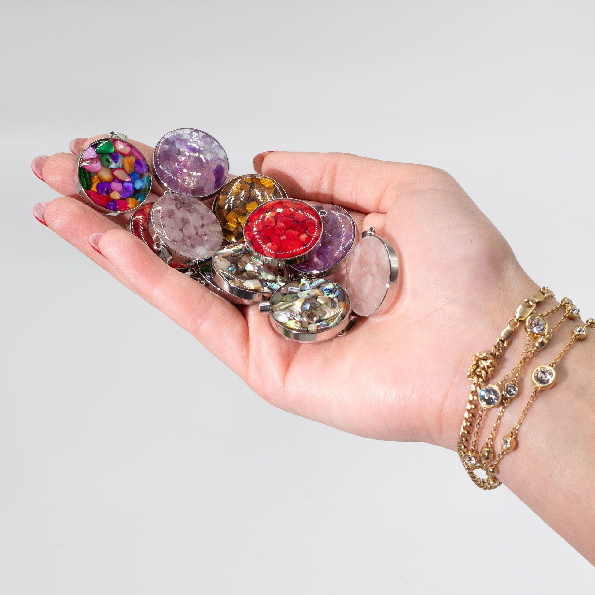 Steel Cased Pendant Round - 12 Assorted Gemstone Chips & Shells
