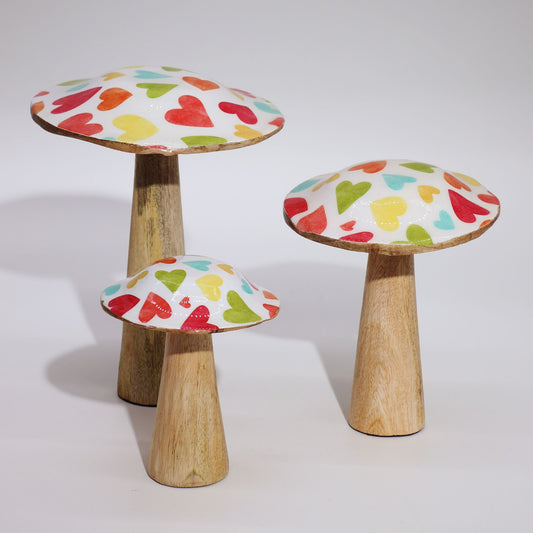 Large Wooden Mushroom - Pastel Hearts