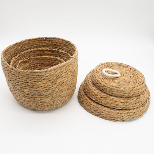 Seagrass & Cotton Round Baskets with Lids - Natural - Set of 4